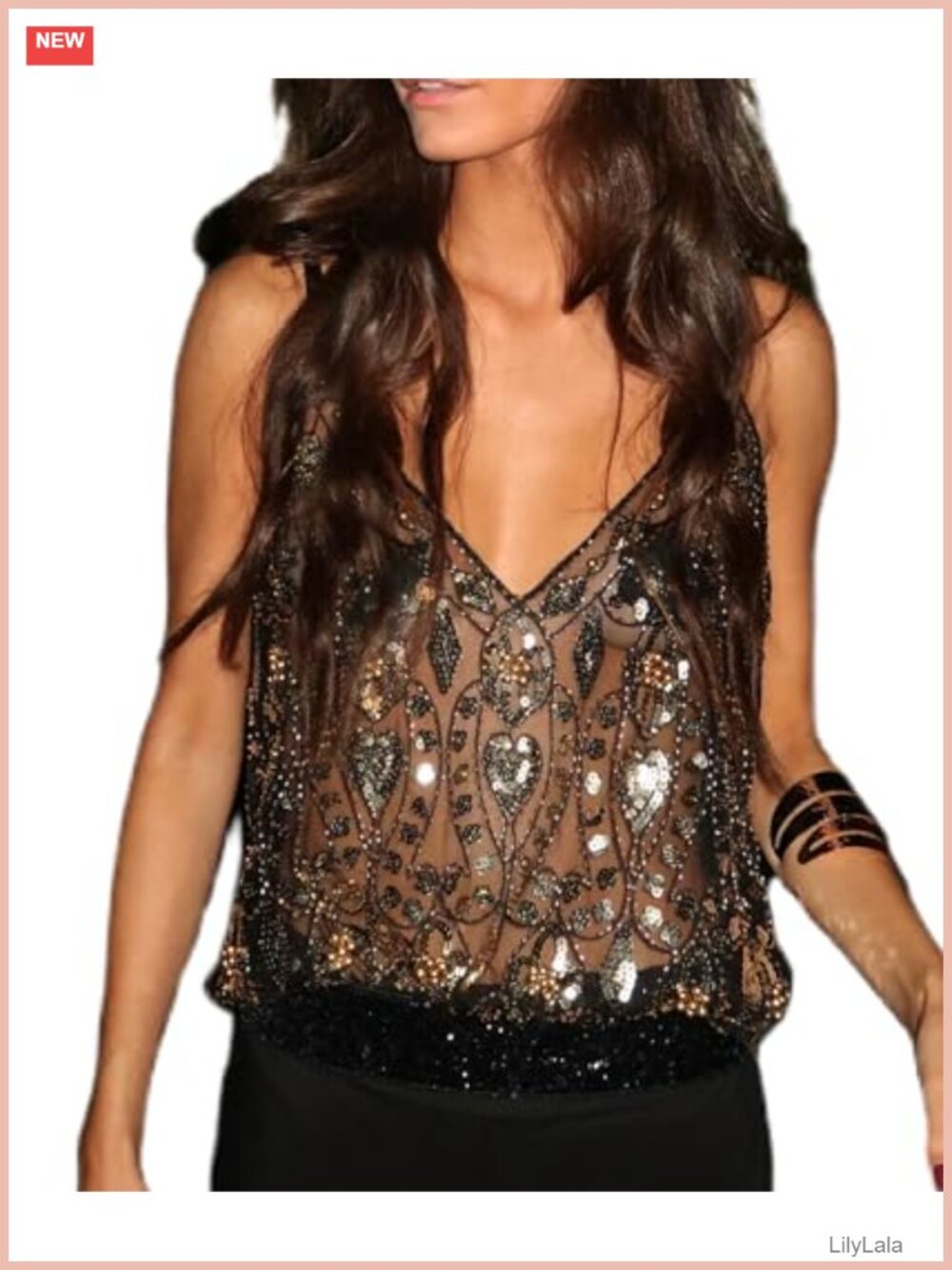 Sheer Mesh Sequin Halter Crop Top Beaded Embroidered Backless Cami